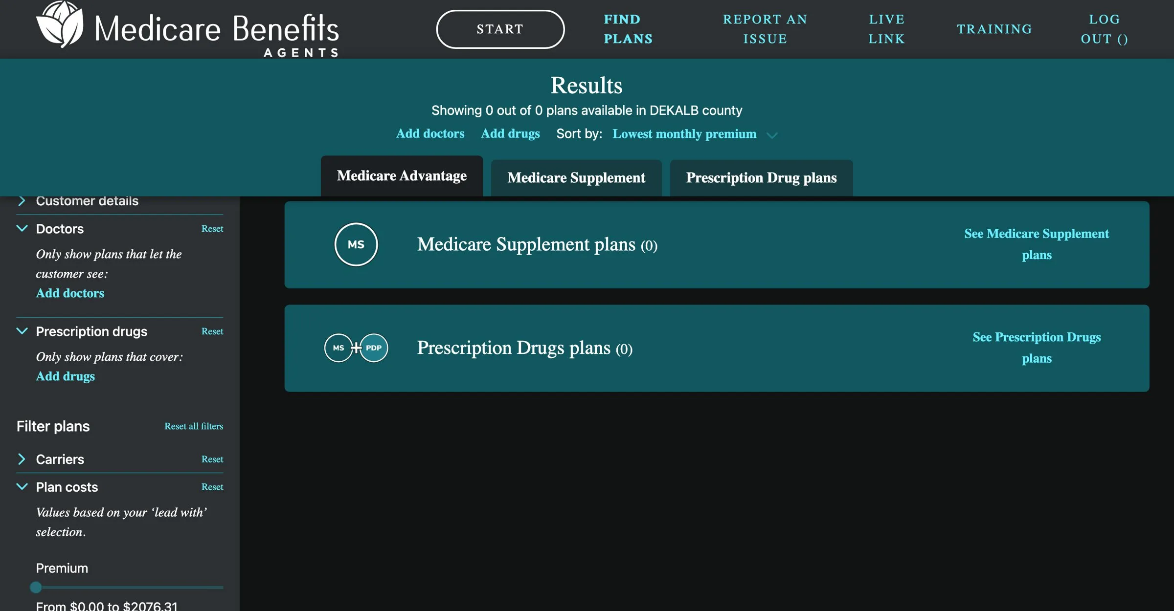Agent tool: plan type tabs, customer and doctor filters, and premium and co-pay sliders