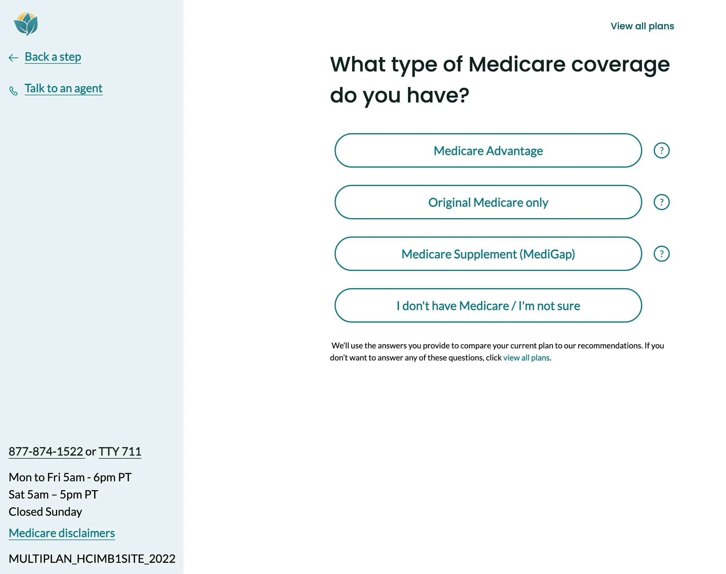 Plan finder first step: “What type of Medicare coverage do you have?” with four answer buttons
