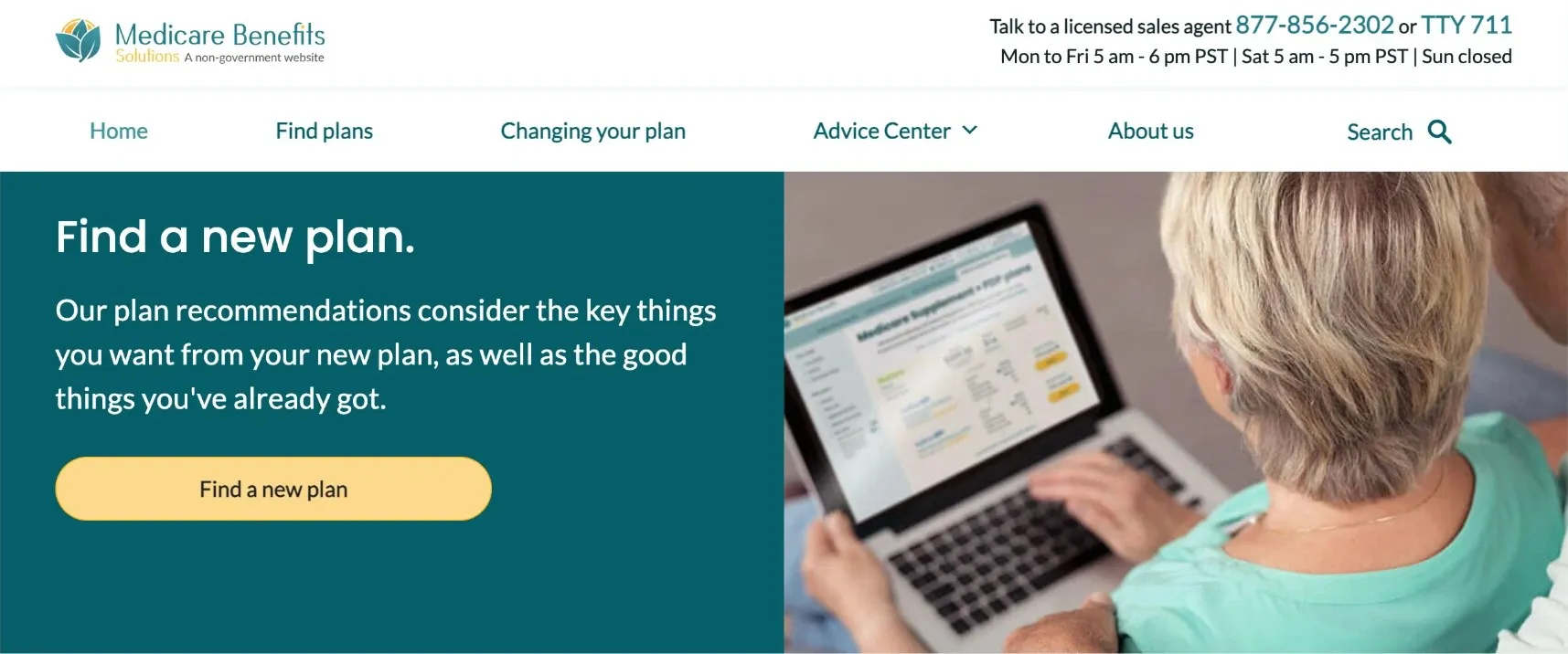 Medicare Benefits homepage: “Find a new plan.” beside a woman comparing plans on a laptop
