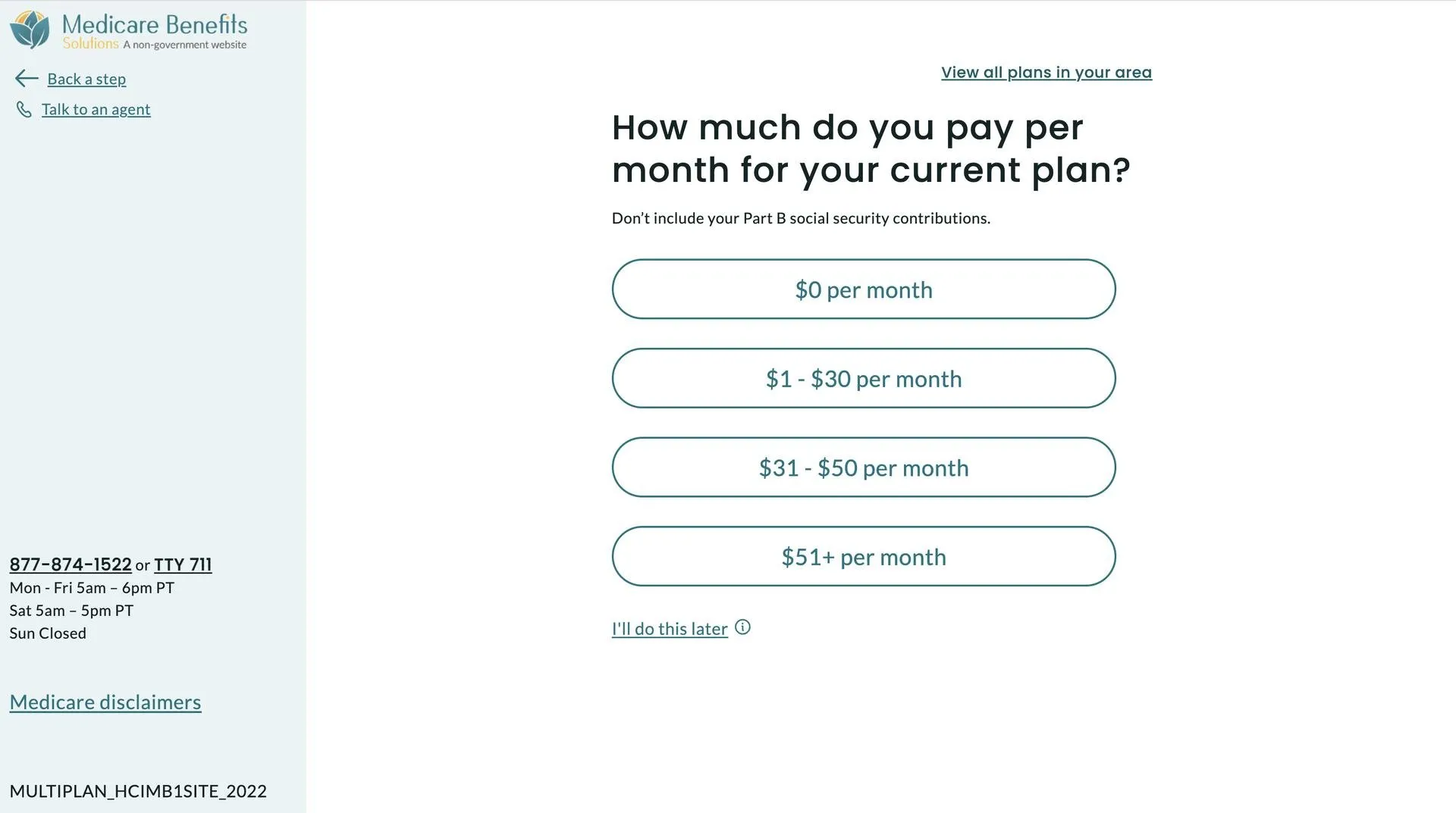 Plan finder question: “How much do you pay per month for your current plan?” with four price ranges
