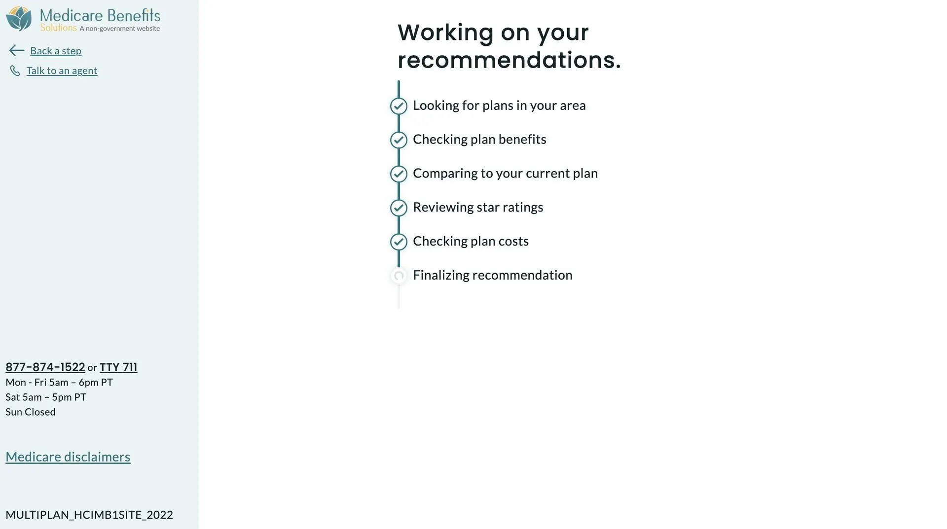 “Working on your recommendations” progress list, from finding plans in your area to finalizing the recommendation