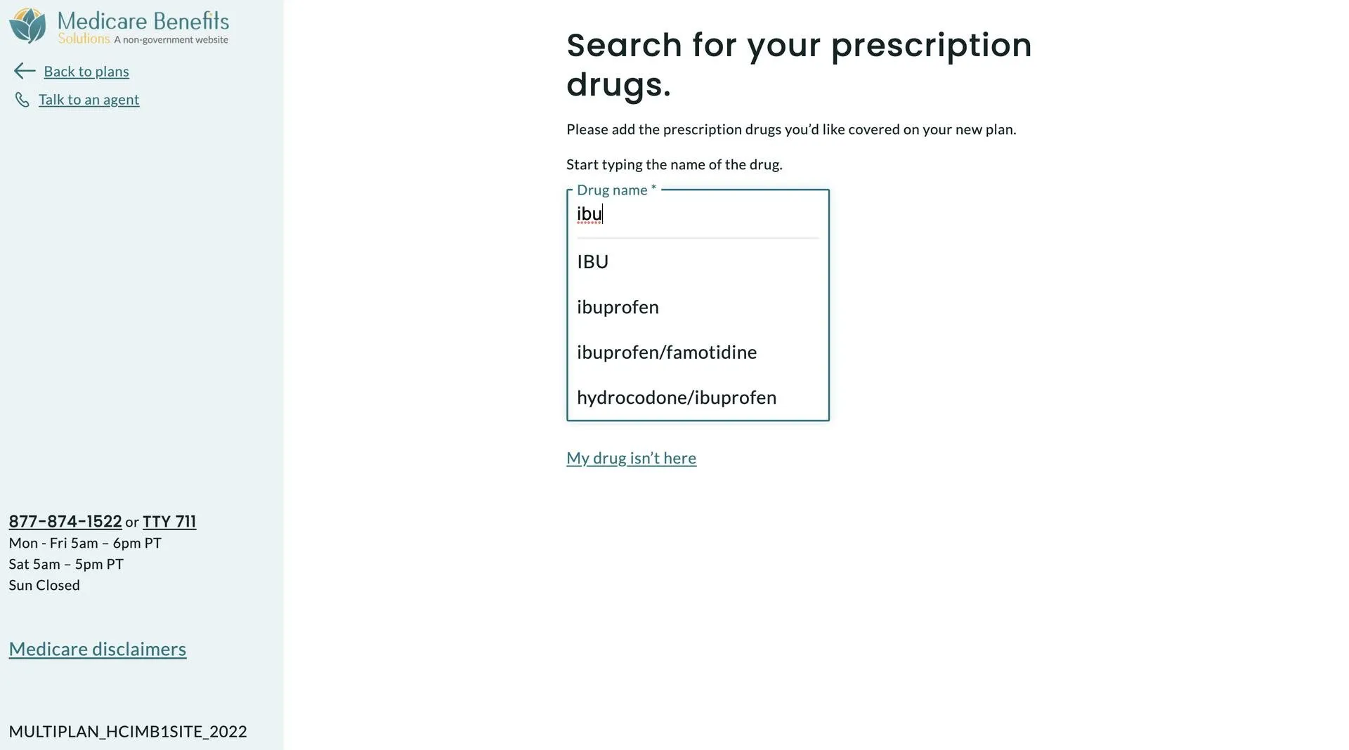Prescription drug search with autocomplete suggestions for “ibu”