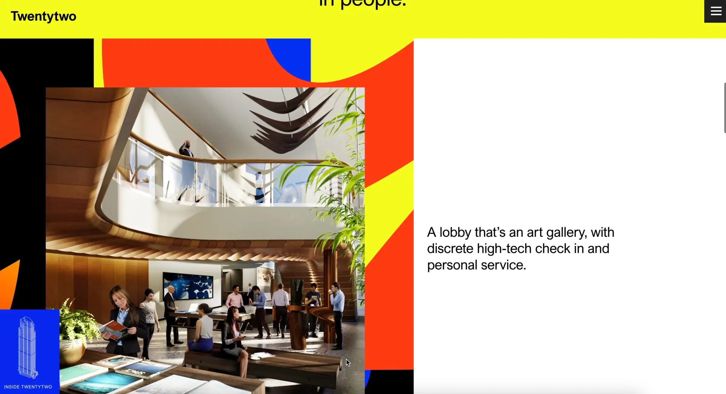 Twentytwo site showing the building lobby beside a bold graphic panel
